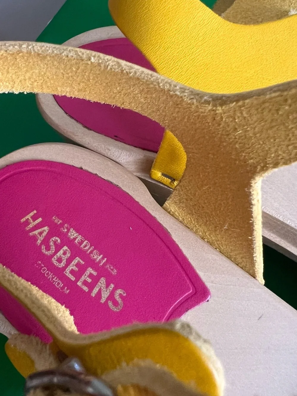 Swedish Hasbeens Yellow Leather Wedge Sandals